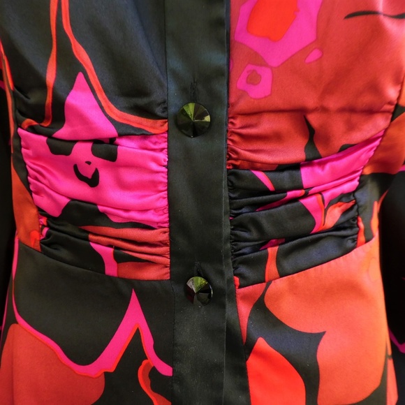 NEW JS Collections Pure Silk Satin Blazer Blouse Floral Ruched Shoulder Pads 14W - Picture 3 of 6